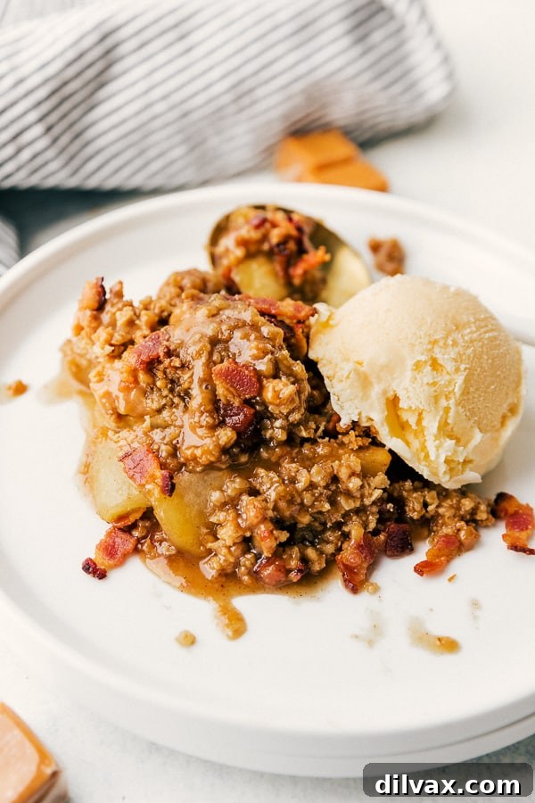 Sweet and Salty Bacon Caramel Apple Crisp 9 A plate of Bacon Caramel Apple Crisp Streusel with Pure Farmland Bacon, ready for serving.
