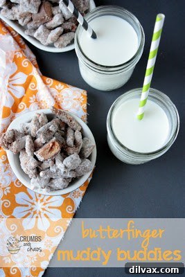 Delicious Butterfinger Muddy Buddies from Crumbs and Chaos