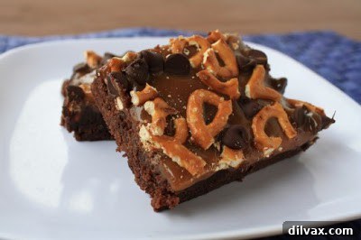 Decadent Caramel Pretzel Brownies with chocolate and salty pretzels by The Vegetarian Casserole Queen