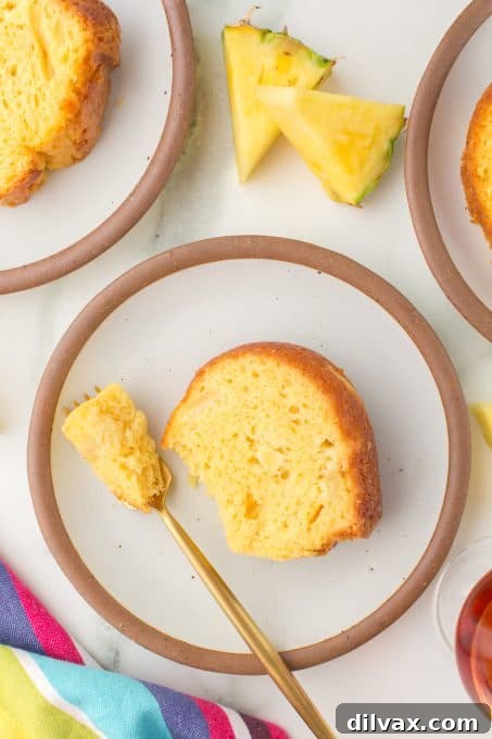 A tantalizing slice of rum cake on a white plate, ready to be eaten.