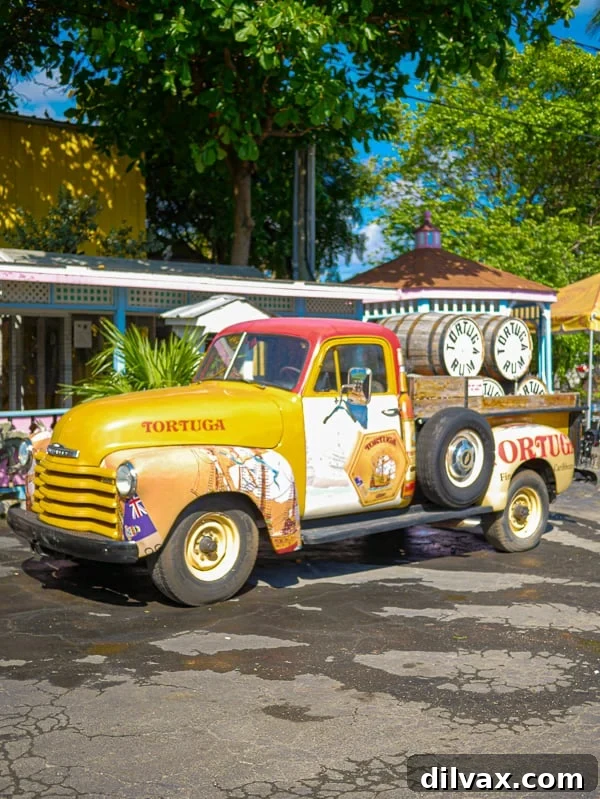 The iconic Tortuga Rum Factory Truck, symbolizing delicious Caribbean rum cakes.