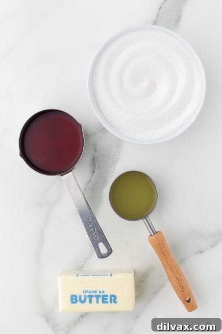 Ingredients for the luscious Pineapple Rum Cake glaze, including butter, sugar, and rum.