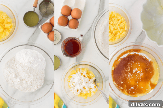 Step-by-step photos showing the initial stages of preparing the Pineapple Rum Cake batter.