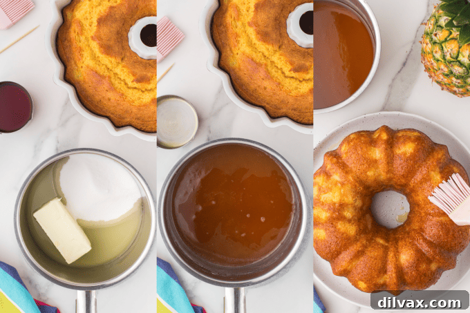 Pineapple Rum Cake process photos, showing the glaze being poured over the baked cake.