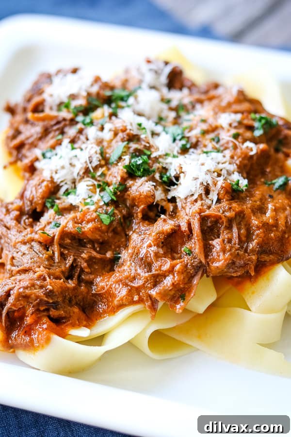 A close-up of tender Braised Short Ribs, fork-shredded and coated in rich, dark sauce, on a white plate.