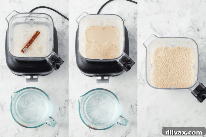 First process photos for a Horchata - A Mexican rice and cinnamon drink.