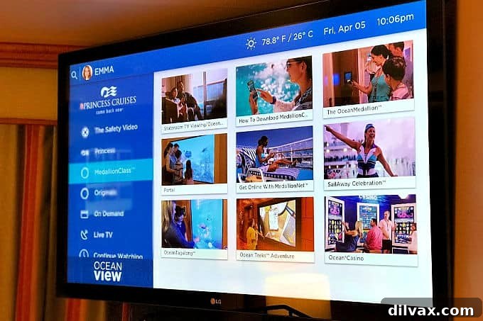 Your entertainment hub with Princess MedallionClass. Access MedallionClass information and entertainment on your cabin TV via OceanView.