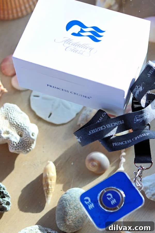 Personalize your Medallion with various accessories. The Princess Ocean Medallion displayed in a stylish lanyard, ready for your cruise.