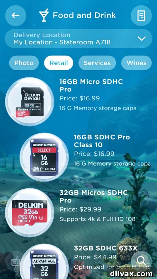 Convenient shopping at your fingertips with OceanNow. Order essential items like SD cards instantly with the Princess OceanNow app.