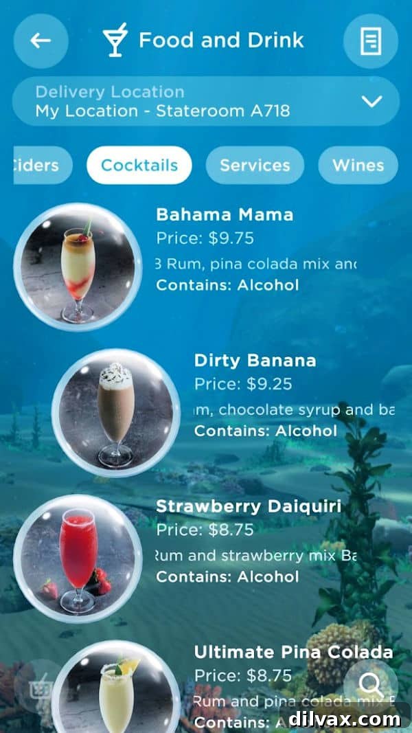 Drink selection on the OceanNow app. Screenshot of drink selection on the OceanNow app, highlighting ease of ordering.