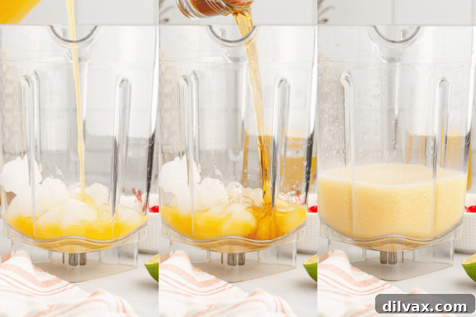 Paradise Blend 5 Ingredients for Frozen Bahama Mamas being poured into a blender, showcasing fruit juices and rum.