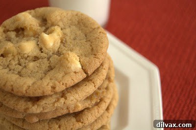 A close-up shot of a single perfectly baked white chocolate choco chip cookie with visible chips, highlighting its chewy texture.
