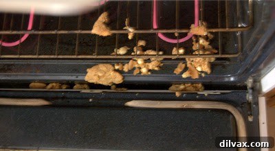 Close-up of several white chocolate choco chip cookies that have fallen from the baking sheet to the bottom of a hot oven.