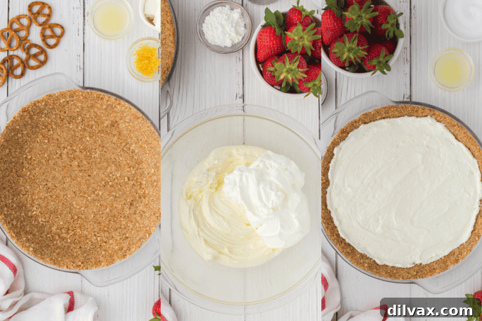 First step-by-step process photos showing crushed pretzels, butter, and brown sugar being mixed for the pie crust.
