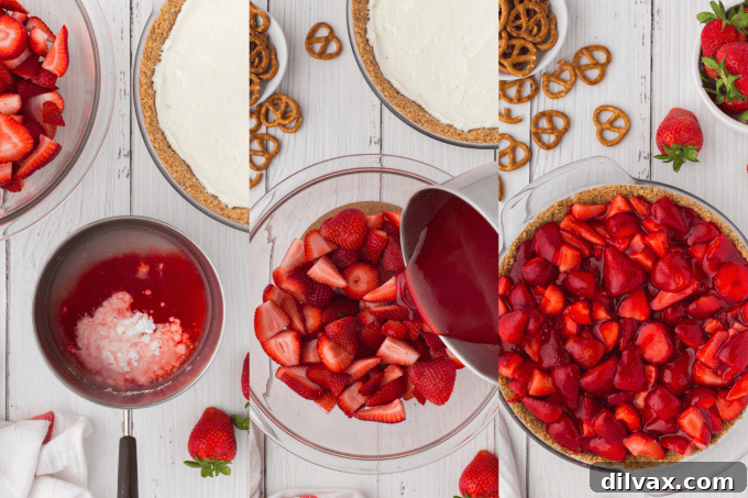 Second set of process photos showing the cheesecake layer being spread over the pretzel crust and then fresh strawberries being arranged.