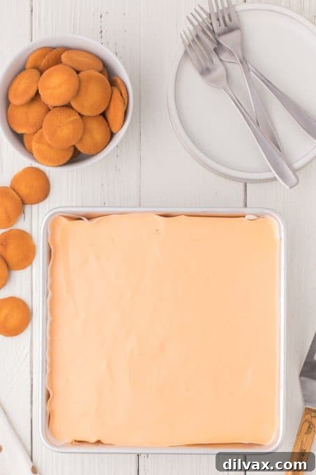 Orange Cloud Nine Bars 8 Top layer of a no bake orange dream bar being smoothed before chilling