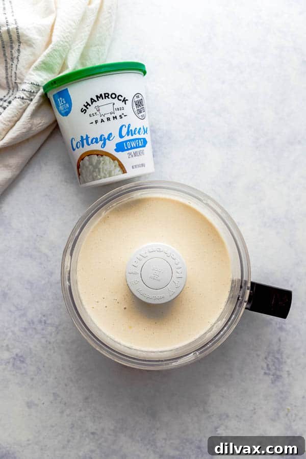 Blended Cottage Cheese Pancake Batter Shamrock Farms Low-fat Cottage Cheese blended with oats, eggs, honey, and lemon zest, ready to be transformed into delicious lemon blueberry pancakes.