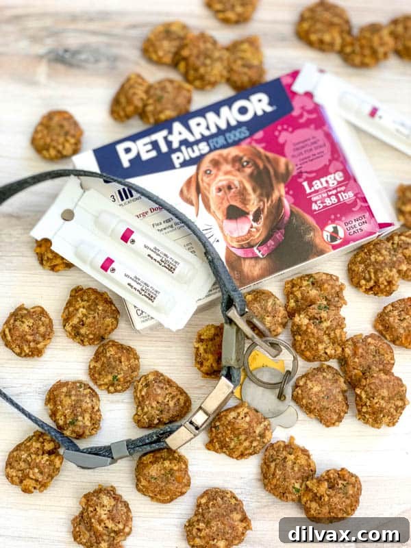Assortment of Chicken and Cheese Dog Treats, with PetArmor Plus in the background, representing a holistic approach to pet wellness.