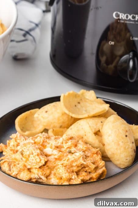 Slow Cooker Buffalo Chicken Dip in a bowl, ready to serve.