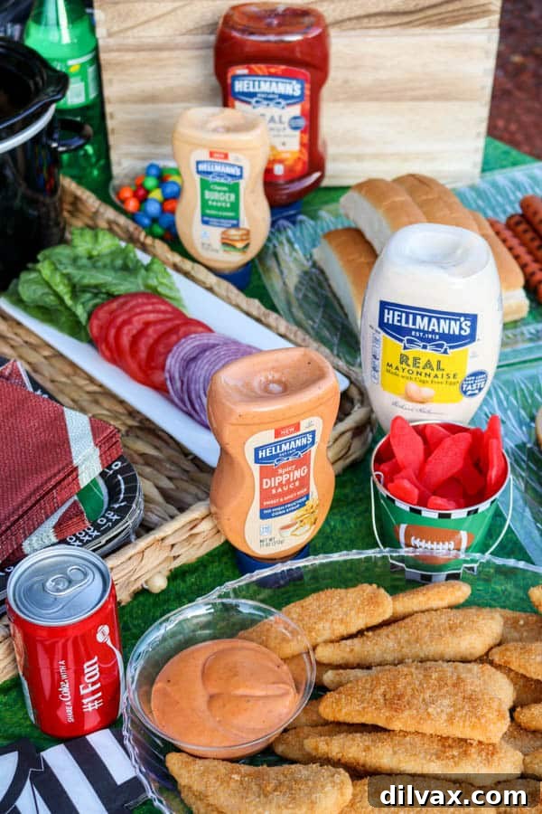 Assortment of Hellmann's condiments ideal for a tailgate party.