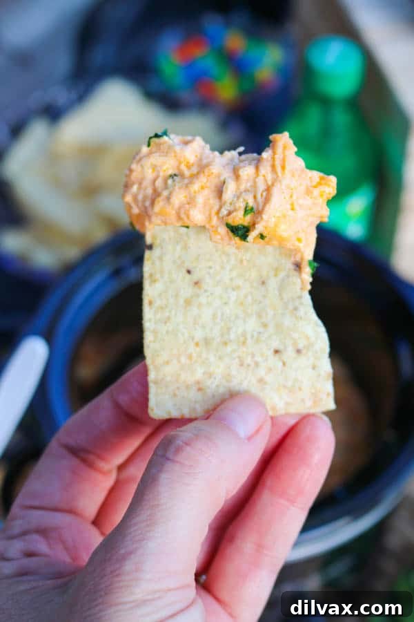 A tortilla chip loaded with Slow Cooker Buffalo Chicken Dip.