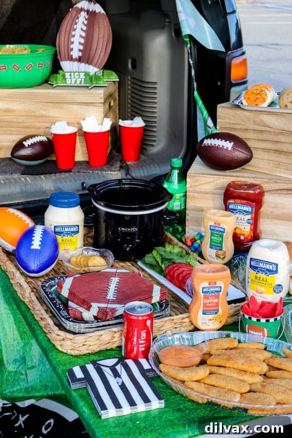 Tailgate party setup featuring the Slow Cooker Buffalo Chicken Dip as a centerpiece.