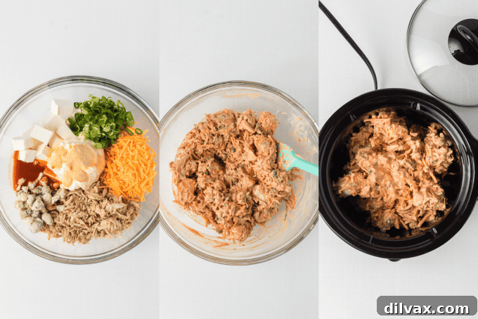 Step-by-step photos of making Slow Cooker Buffalo Chicken Dip.