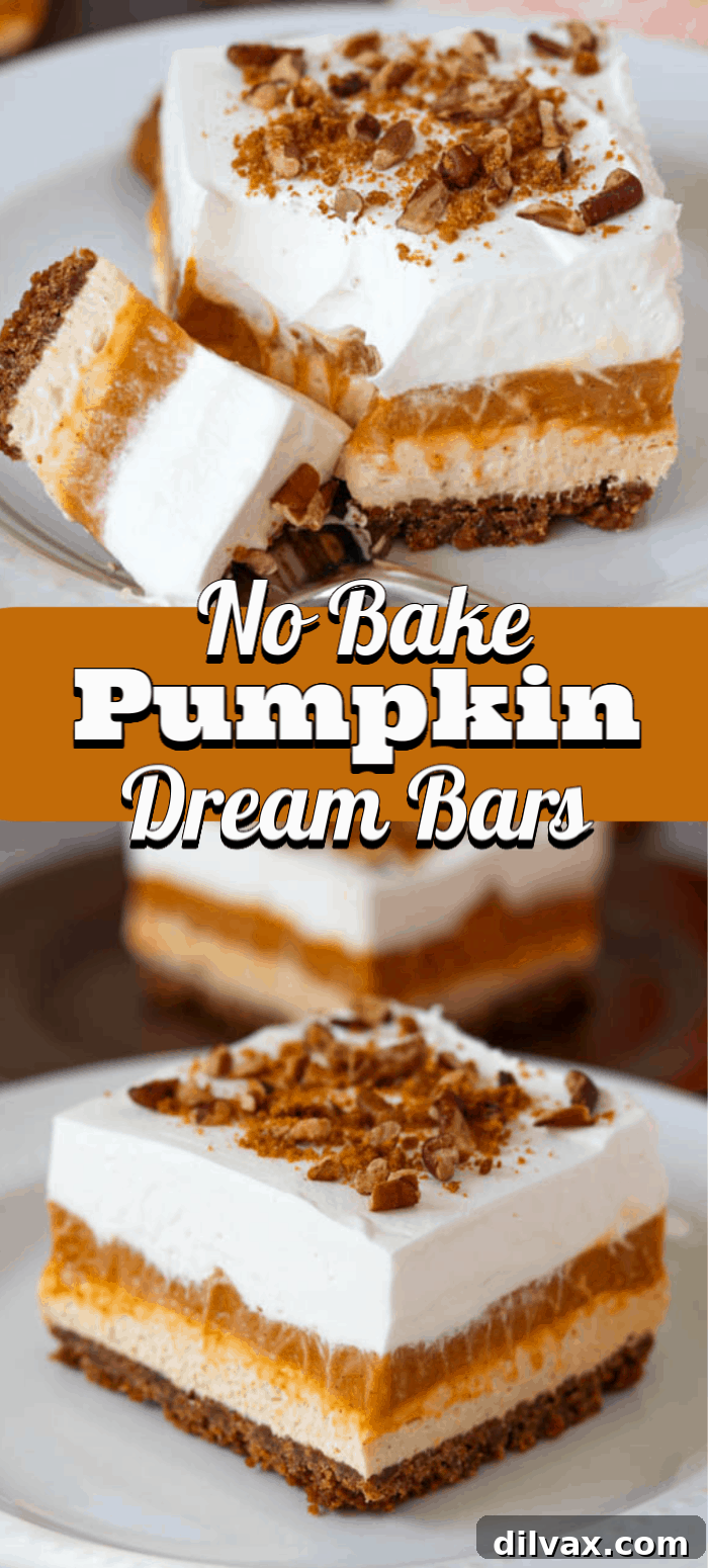 These No Bake Pumpkin Dream Bars will be your new go-to Thanksgiving dessert. It's an easy layered dessert recipe with the flavors of Fall everyone loves. A stunning final image of the No-Bake Pumpkin Dream Bars, perfectly presented and garnished, inviting a taste.