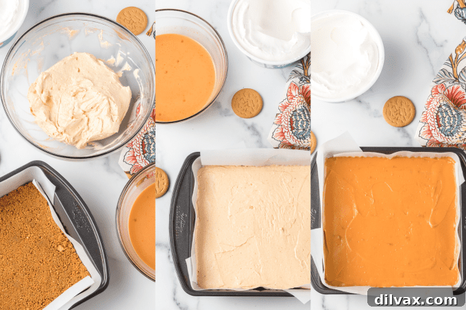 Creamy Pumpkin Dream 6 A visual step-by-step guide showing the assembly of the no-bake pumpkin bars, from crust to final topping.