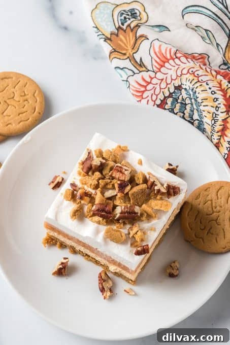 Creamy Pumpkin Dream 8 An overhead shot of the finished No-Bake Pumpkin Lush, perfectly sliced and garnished, ready to be enjoyed.