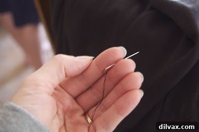 Close-up of hands holding a needle and thread, ready for sewing.
