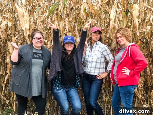 Bloggers in the cornfield at Kuiper Farm in Iowa, experiencing modern agriculture firsthand. Bloggers being corn-y in an Iowa cornfield, highlighting the immersive experience of the Iowa Corn-Fed Tour.