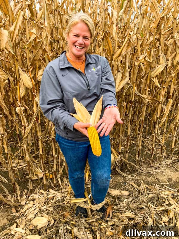 Shannon Textor of Iowa Corn on a productive Kuiper Farm in Iowa, advocating for sustainable farming. Shannon Textor of Iowa Corn in a lush cornfield at Kuiper Farm, Iowa, discussing agricultural advancements.