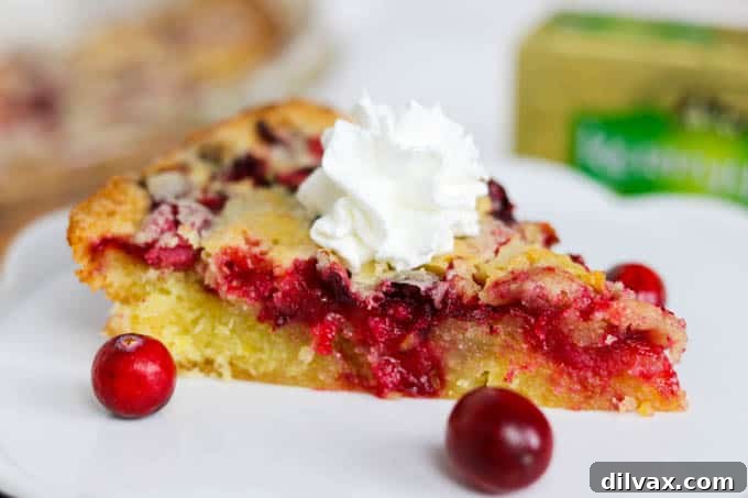 A perfectly sliced Nantucket Cranberry Pie topped with a dollop of whipped cream and a few fresh cranberries, ready to be enjoyed.