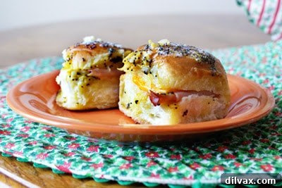 Appetizing Hot Ham & Cheddar Sliders on dinner rolls, with melted cheese.