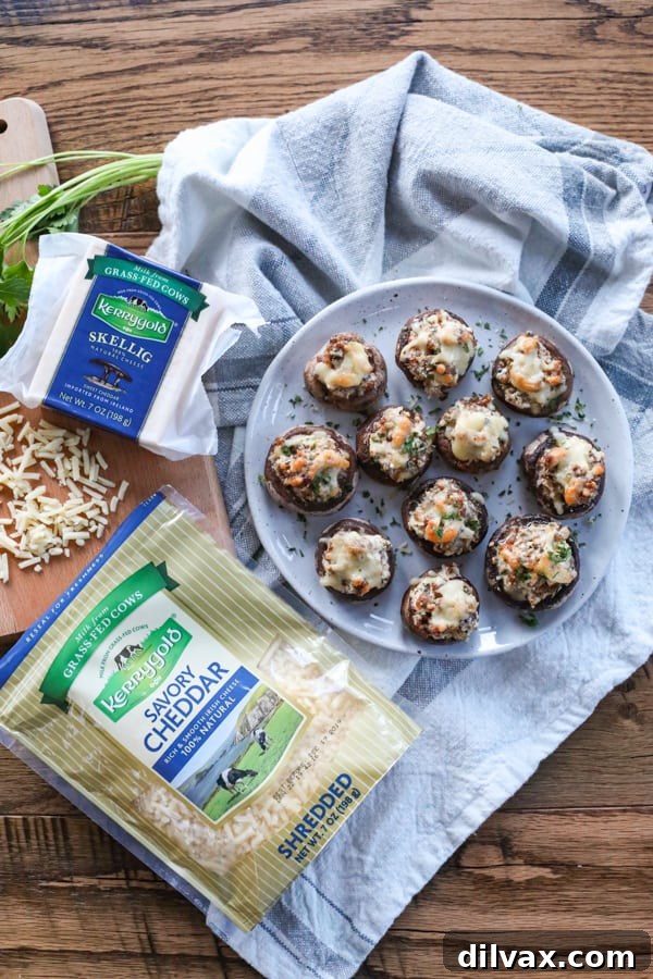 Cheesy Sausage Stuffed Mushrooms made with Kerrygold cheeses. Cheesy Sausage Stuffed Mushrooms with Kerrygold Skellig and Shredded Savory Cheddar Cheeses