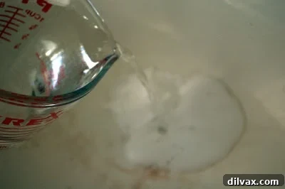 Slowly pouring white vinegar into the drain