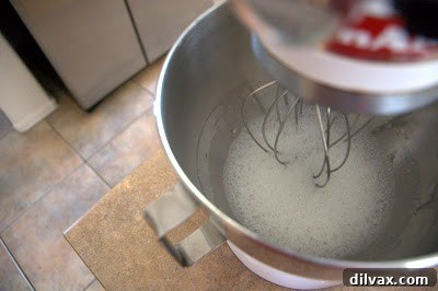 Egg whites and salt being beaten in a stand mixer, showing frothy texture.