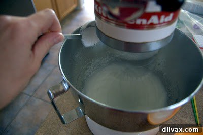 Cream of tartar added to frothy egg whites in a stand mixer.