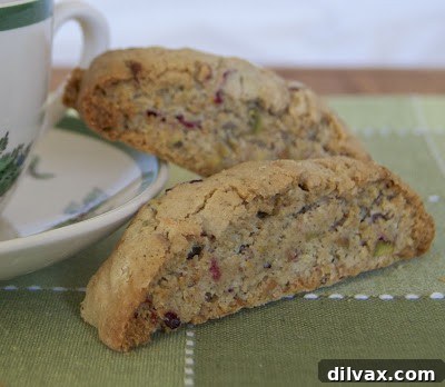 A plate of homemade Cranberry Orange Pistachio Biscotti ready to serve.