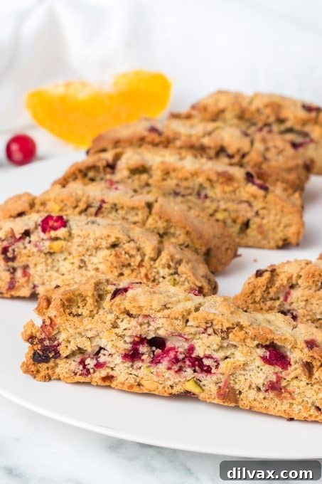 Stack of Cranberry Orange Pistachio Biscotti cookies