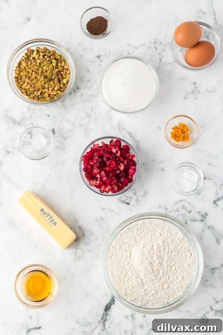 Ingredients laid out for Cranberry Orange Pistachio Biscotti recipe