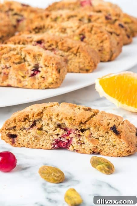 Biscotti featuring pistachios, fresh cranberries, and orange zest, perfect for holidays