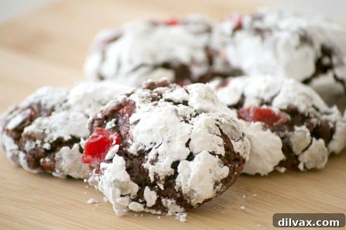 A festive platter of Chocolate Cherry Crinkles, perfect for holiday gatherings or a sweet treat.