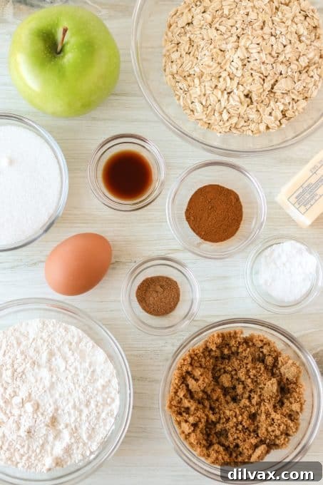 Ingredients for oatmeal cookies with apple.