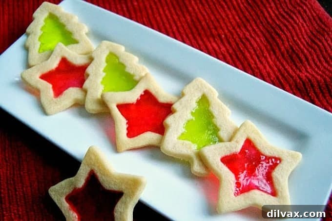 Sugar cookie cut-outs filled with Jolly Rancher candies to create a stained-glass window effect.