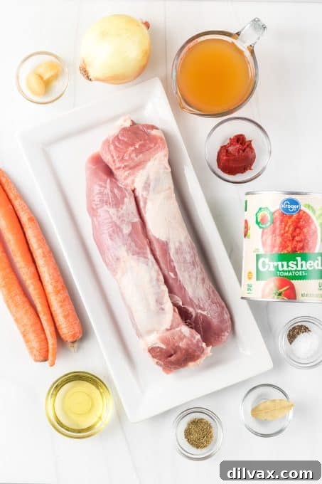 Hearty Braised Pork Ragu 4 Fresh ingredients laid out for making pork ragu