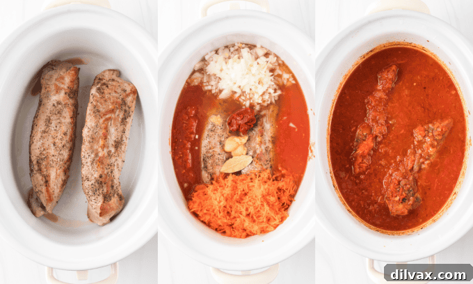 Hearty Braised Pork Ragu 5 Sequence of steps for making pork ragu in a slow cooker