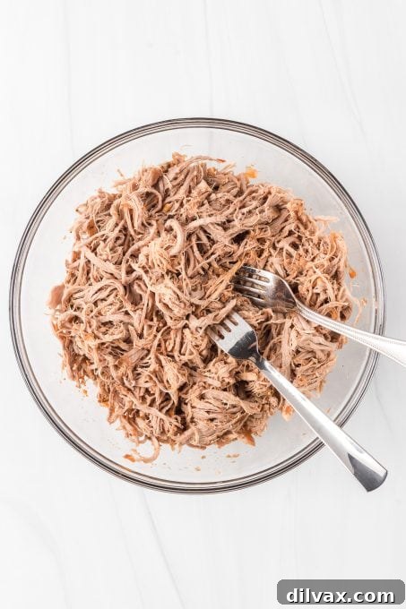 Hearty Braised Pork Ragu 6 Perfectly shredded pork loin, ready to be returned to the ragu sauce