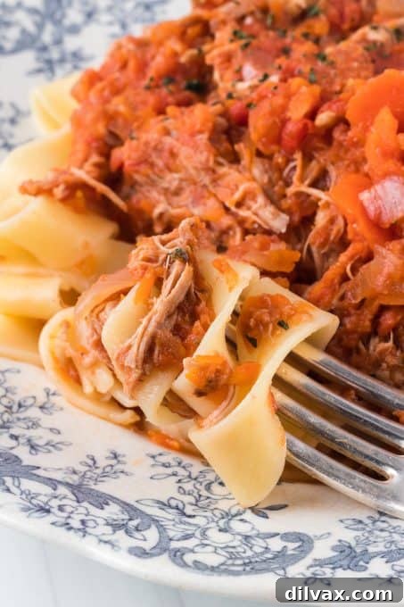 Hearty Braised Pork Ragu 10 Close-up of tender shredded pork in rich tomato ragu sauce